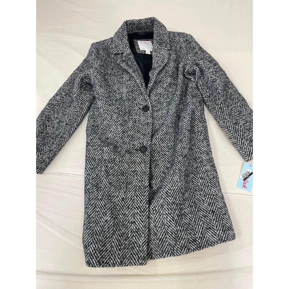 Cat & Jack Girls Herringbone Pea Coat Black White Jacket Size Large 10/12 NEW